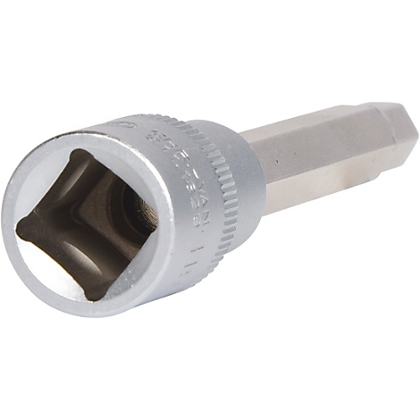 Nahaufnahme eines silberfarbenen Steckschlüssels mit quadratischer Aussparung und sechseckigem Schaft.